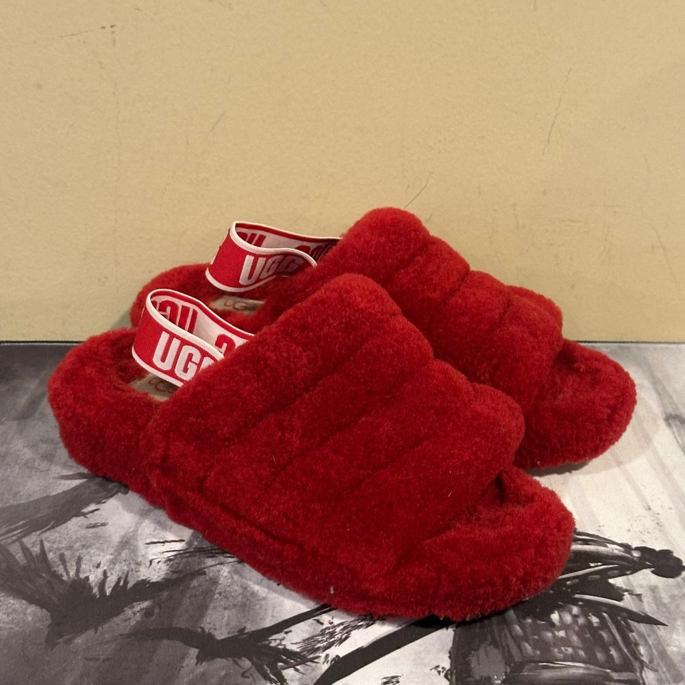 UGG Fluff Yeah Slide Red Sheepskin Slingback Slipper Womens 7